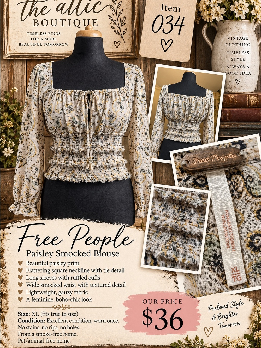 Free People Cream Paisley Smocked Blouse
